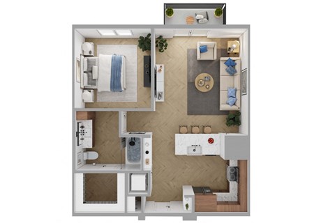Floor plan for 1 bed, 1 bath, 755 sqft